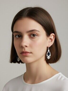 Vtg Silvertone Filigree Teardrop Earrings with Black Onyx Faux Stone